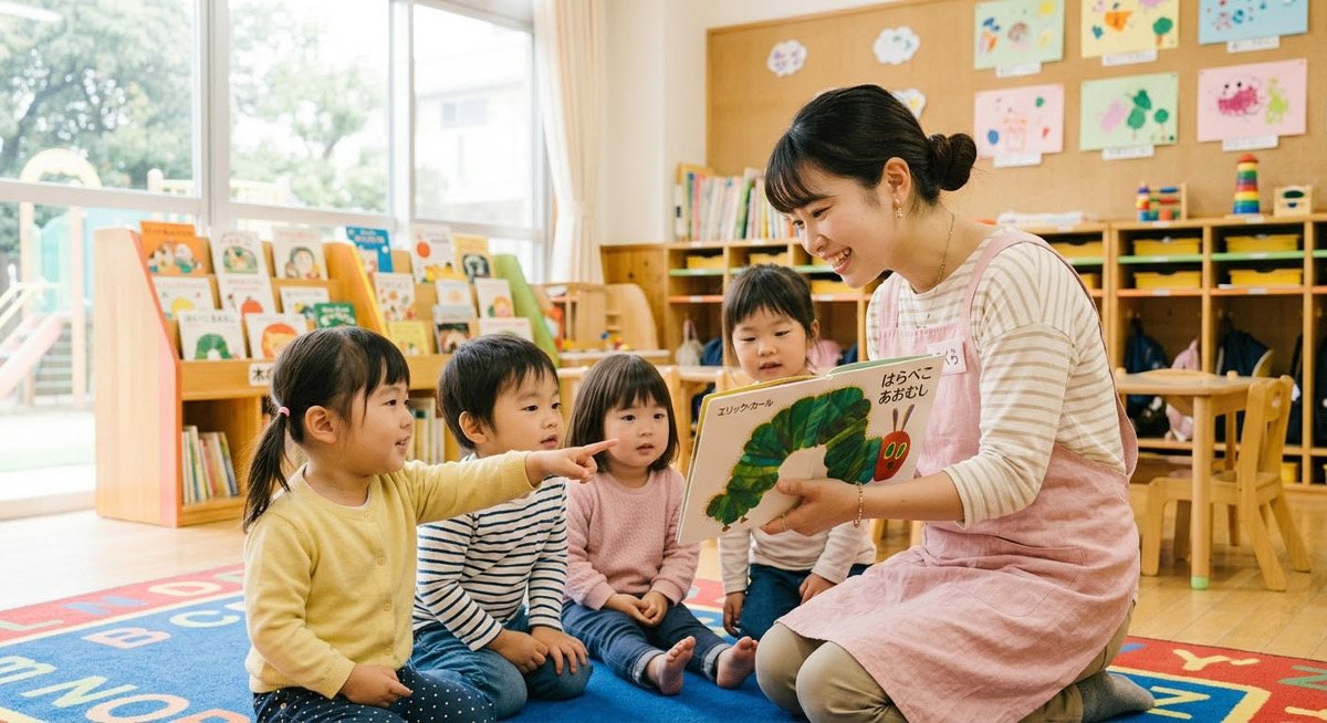 子どもたちに絵本を読み聞かせる保育士
