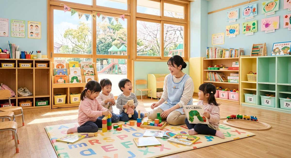 明るい保育室で子どもたちと遊ぶ保育士